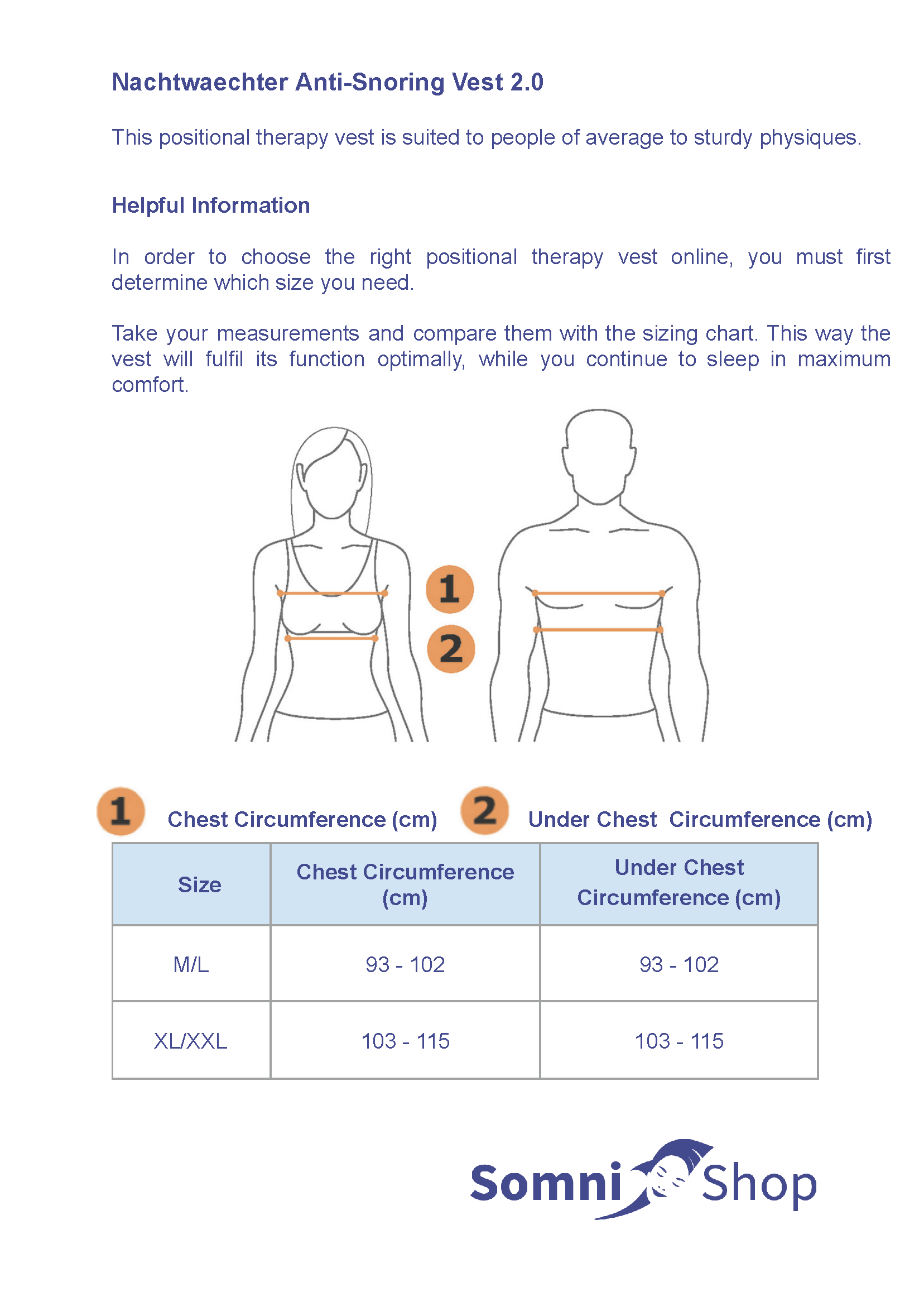 Size Guide Nachtwaechter Anti-Snoring Vest