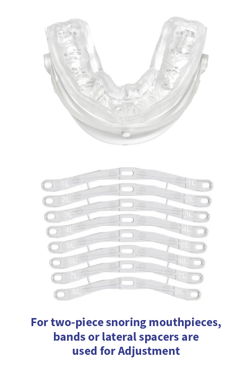 For two-piece snoring mouth guards, bands or lateral spacers are used for adjustment.