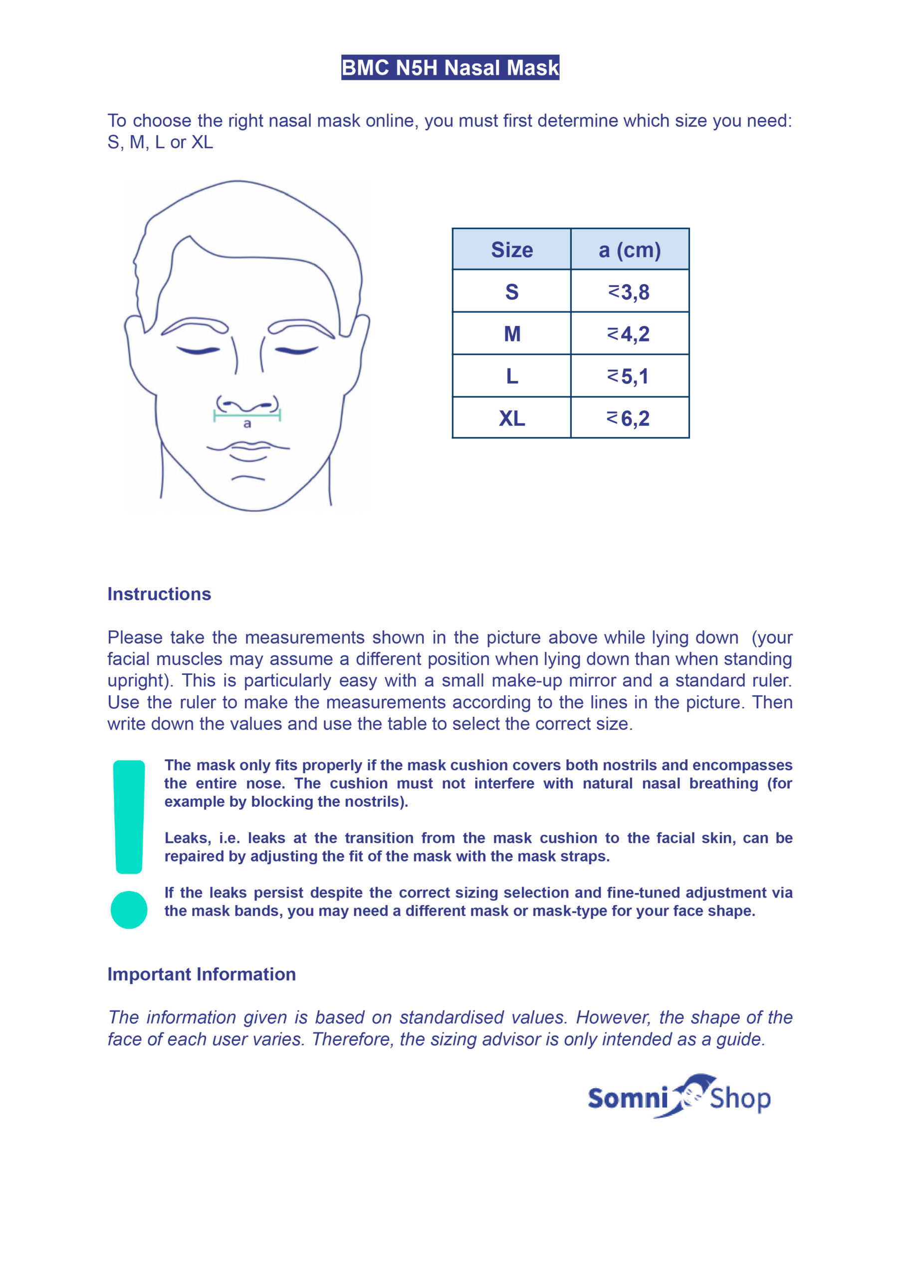 Size Guide BMC N5H Nasal Mask